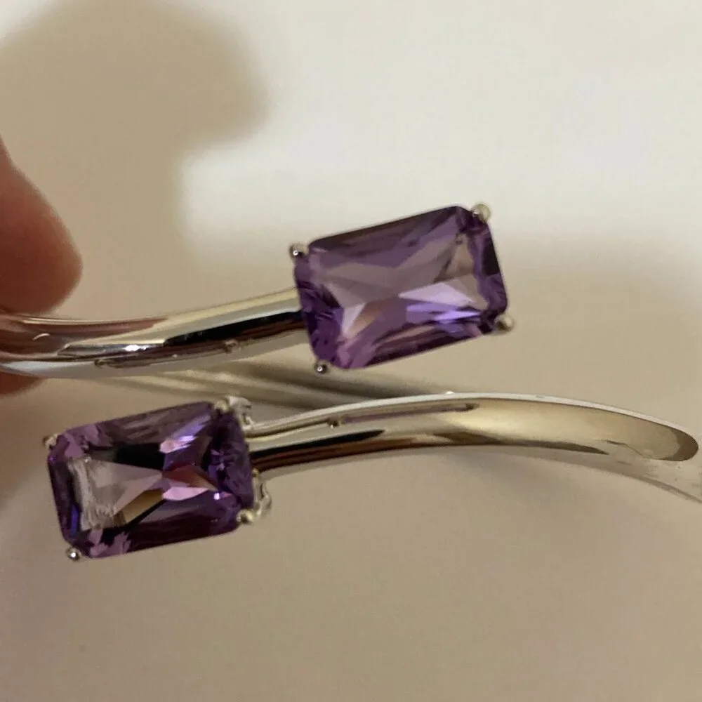 Sterling Silver Amethyst Semi Wrap Bangle Bracelet - Picture 5 of 9